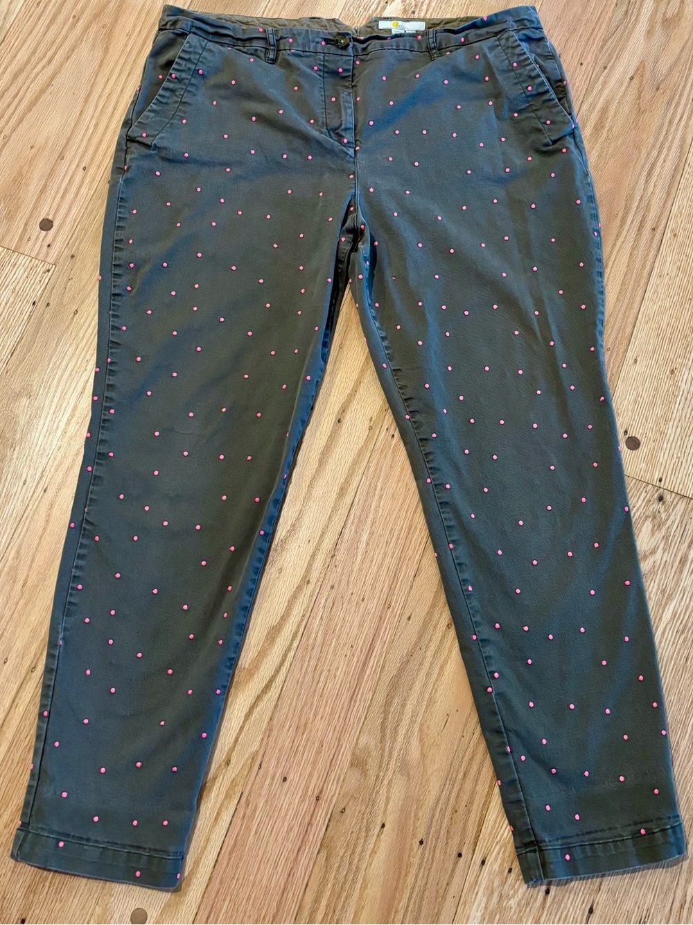 Boden Olive Green Chino Pants Straight Leg Pink Dots Women Size 14